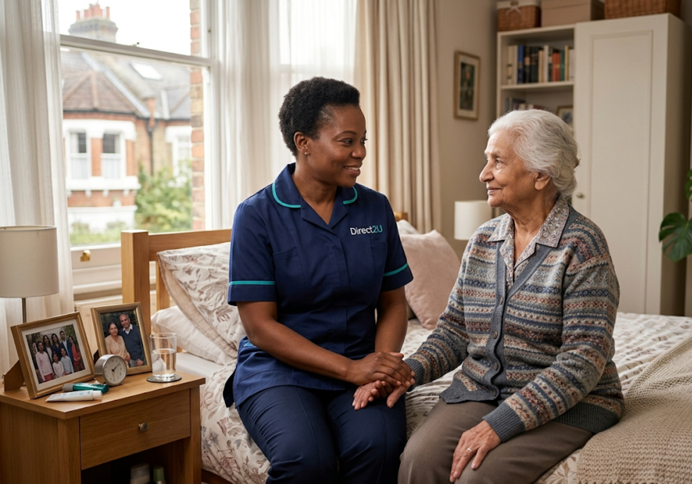 Direct2U carer offering calm reassurance to an elderly client after a morning personal care routine - dignified home care Enfield